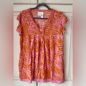 Goa Beachwear by Japna Pink and Orange Printed V-Neck Tunic or Cover Up. Large.